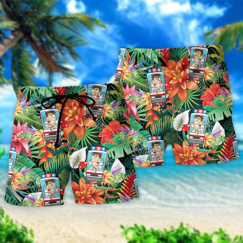 Ambulance Driver Tropical Floral Style Trendy Aloha Hawaiian Beach Shorts