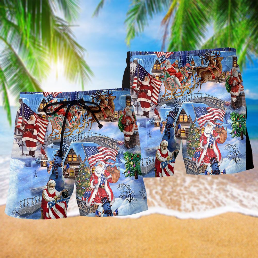 America Christmas Patriotic Santa Claus Trendy Aloha Hawaiian Beach Shorts