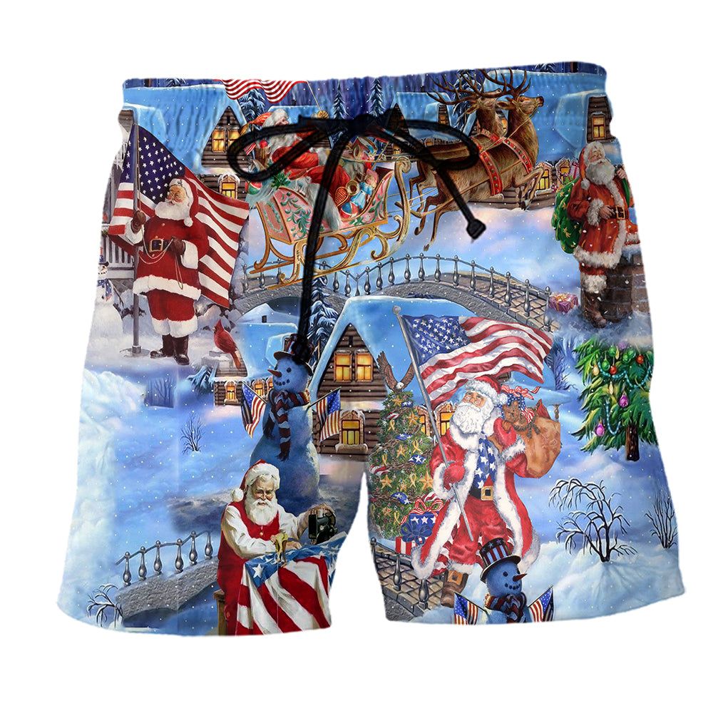 America Christmas Patriotic Santa Claus Trendy Aloha Hawaiian Beach Shorts