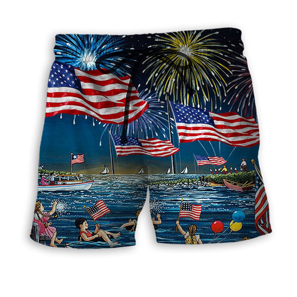 America Independence Day Fun Day Firework Trendy Aloha Hawaiian Beach Shorts