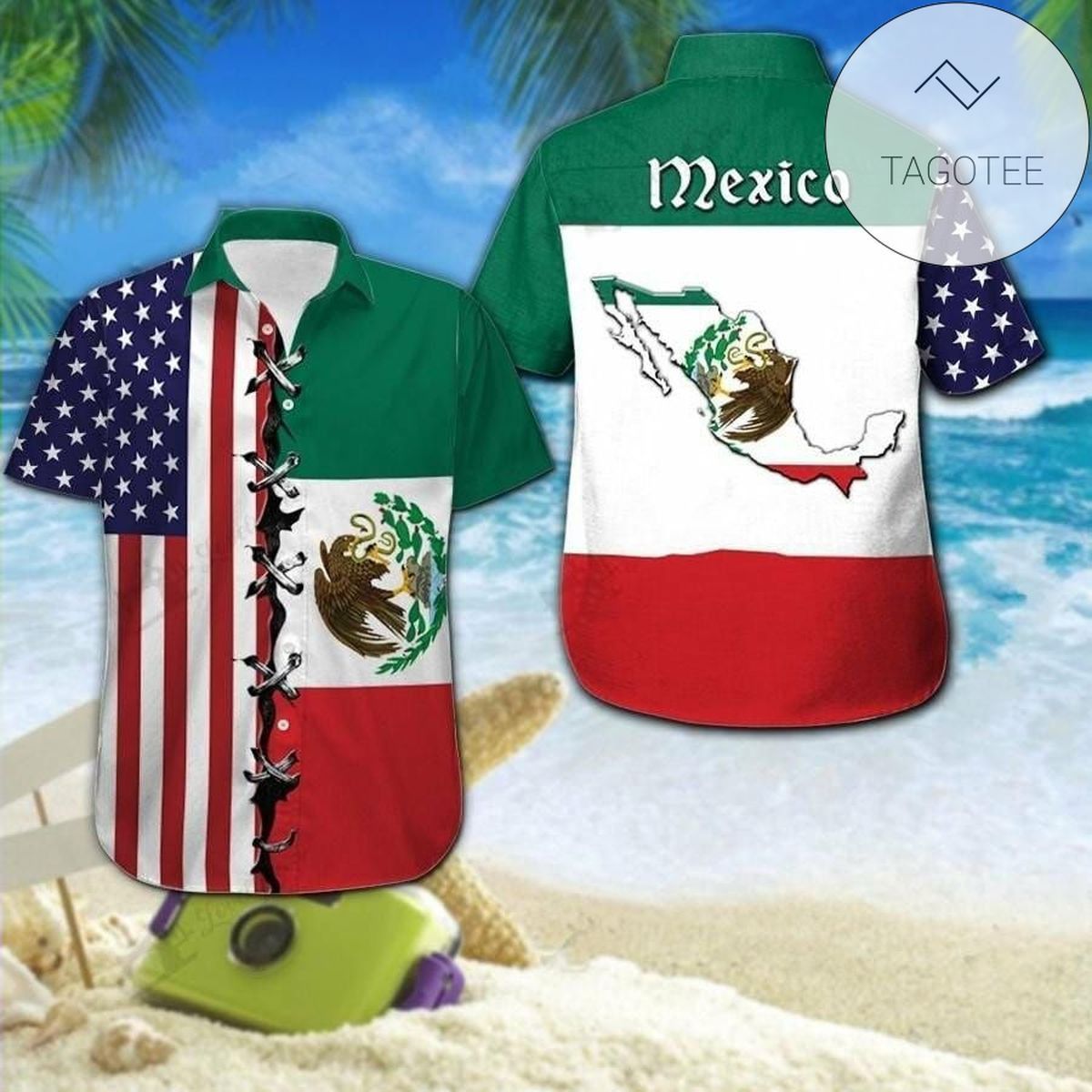 America Mexico Flag United on this Patriotic Hawaiian Shirt