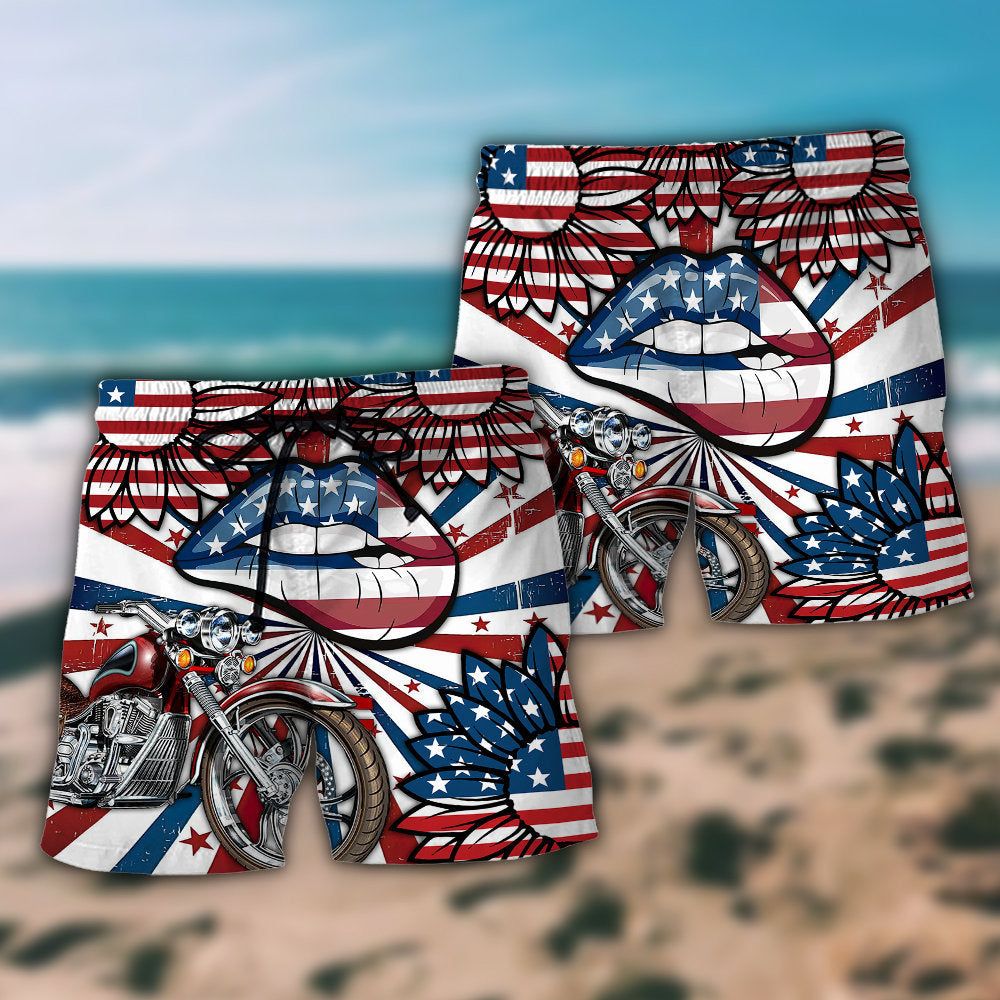 America Patriotic Motocycle Sexy Lips Trendy Aloha Hawaiian Beach Shorts