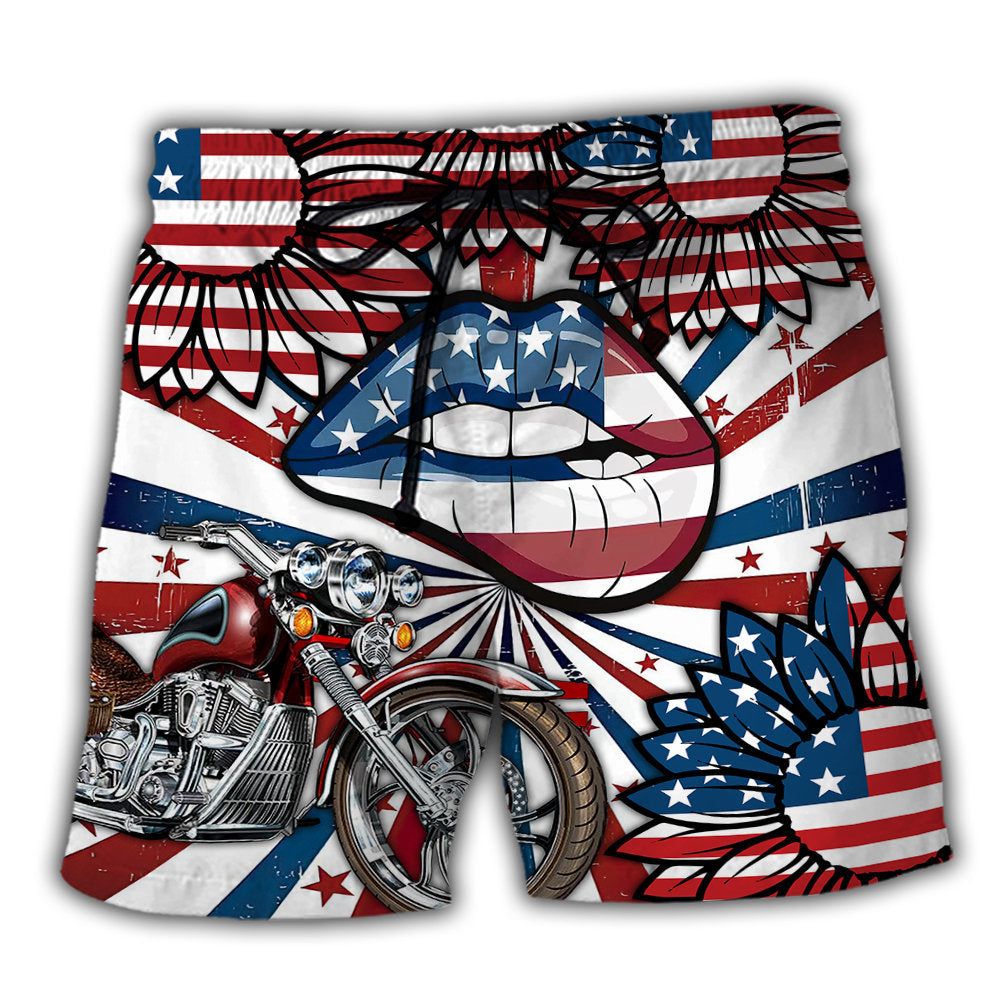 America Patriotic Motocycle Sexy Lips Trendy Aloha Hawaiian Beach Shorts