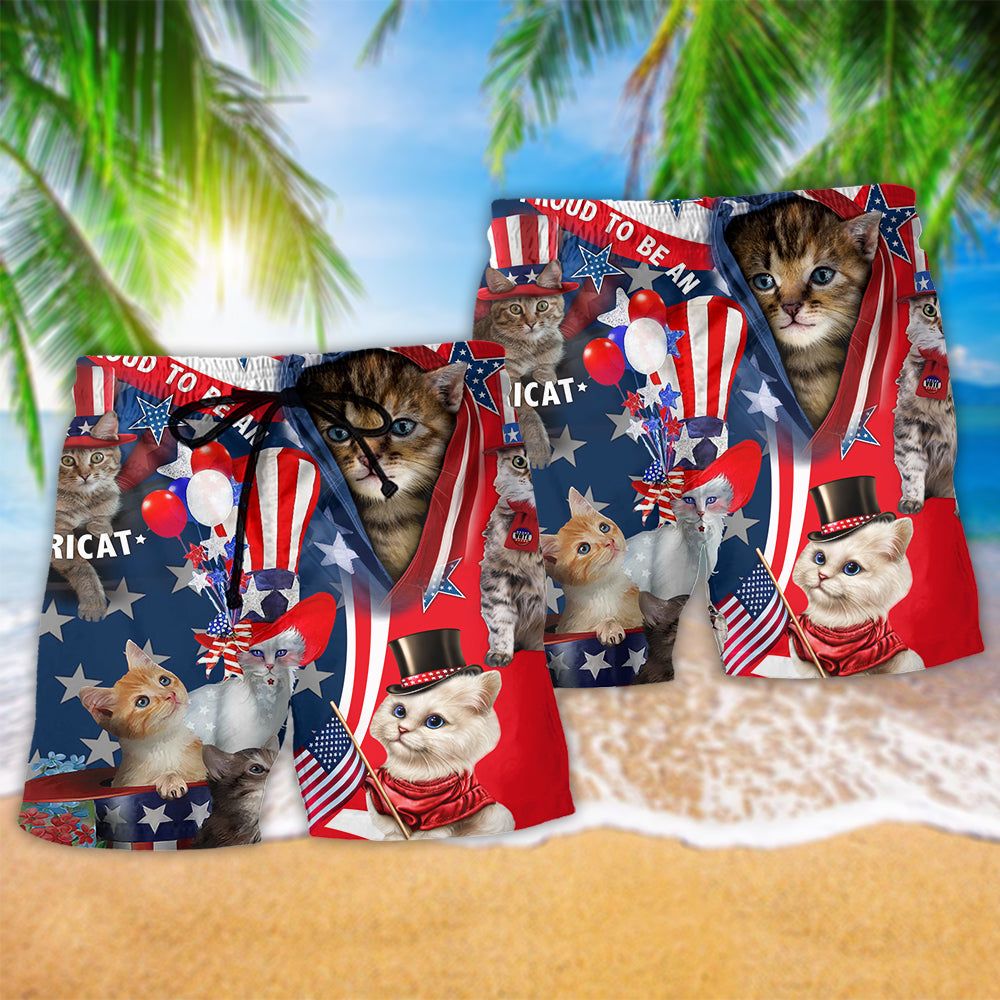 America Proud To Be An Cat Trendy Aloha Hawaiian Beach Shorts