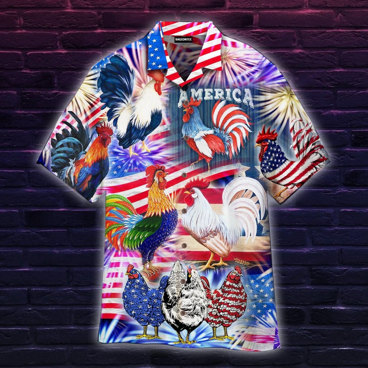America Rooster Chicken With Fireworks Trendy Hawaiian Shirt
