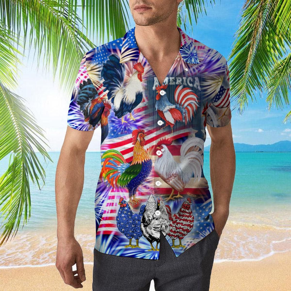 America Rooster Chicken With Fireworks Trendy Hawaiian Shirt