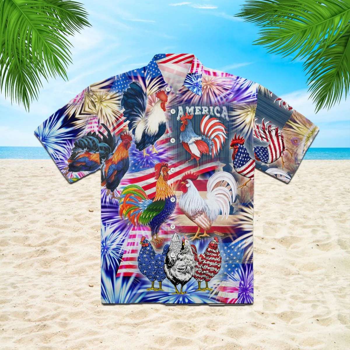 America Rooster Chicken With Fireworks Trendy Hawaiian Shirt, Chicken Lover Trendy Hawaiian Shirt For Summer Gifts