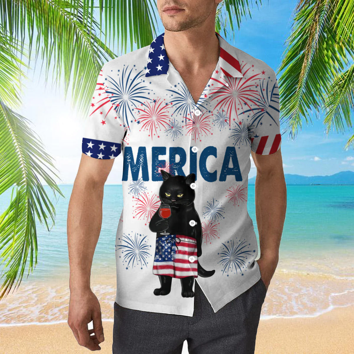 American Black Cat Drink Bourbon Trendy Hawaiian Shirt