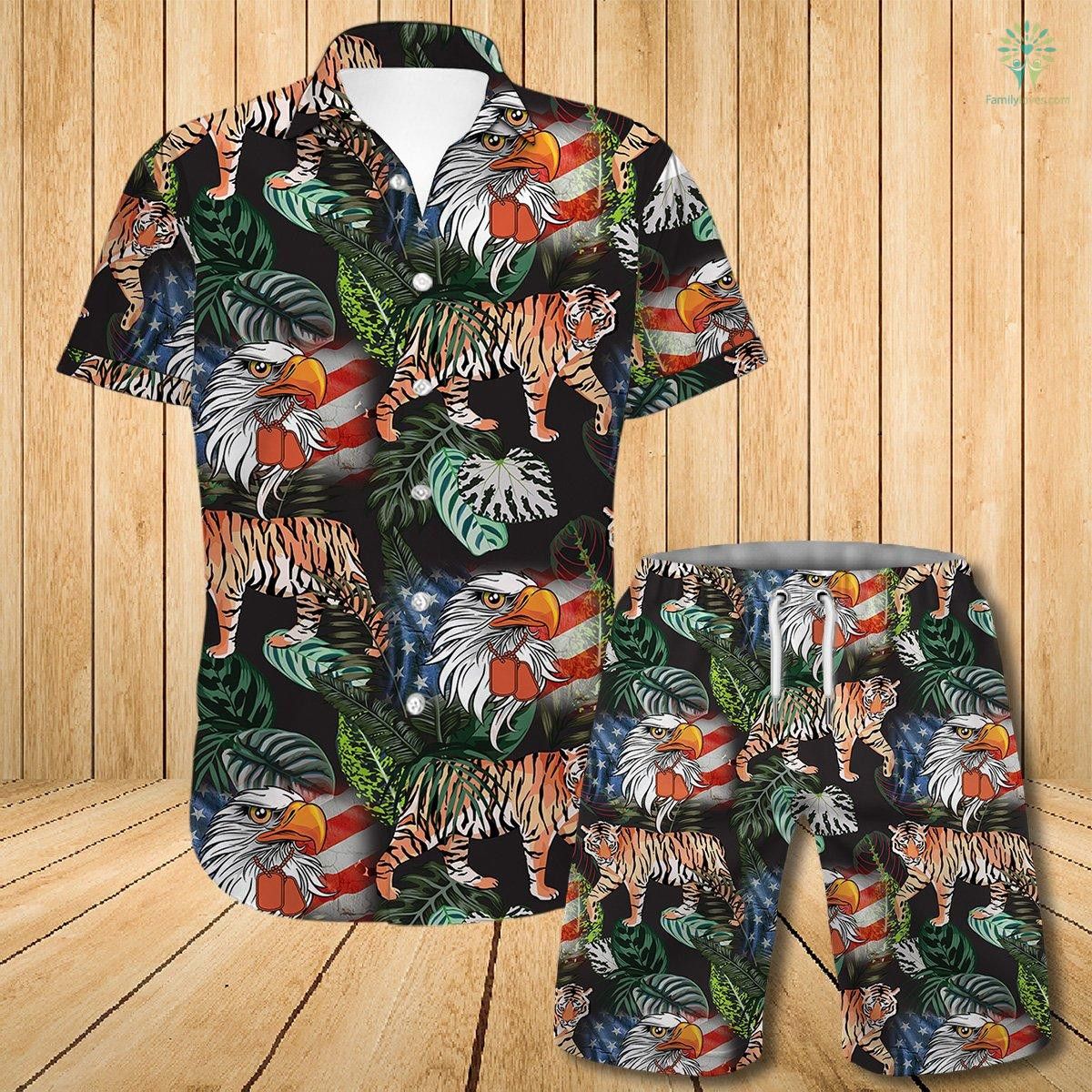 American Eagel Dogtag Veteran Tiger Tropical Trendy Hawaiian Shirt Set Unisex