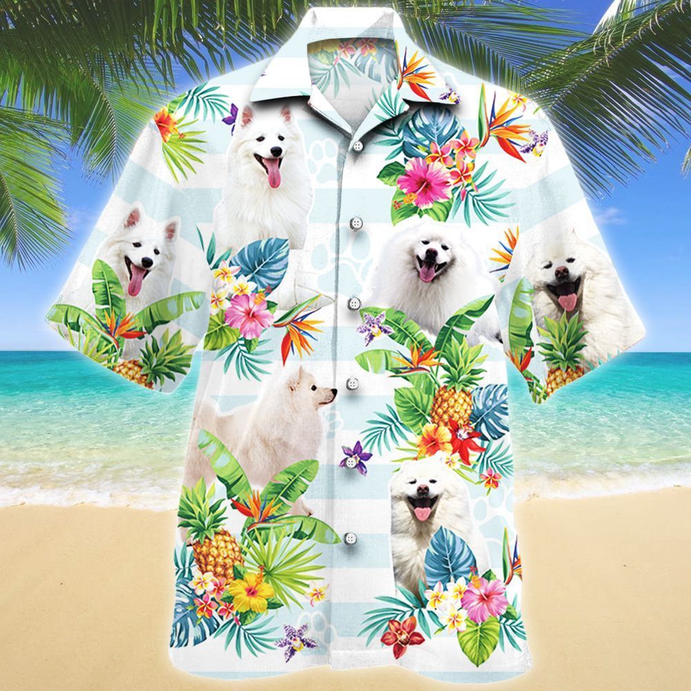 American Eskimo Dog Hawaiian Shirt with Tropical Flowers