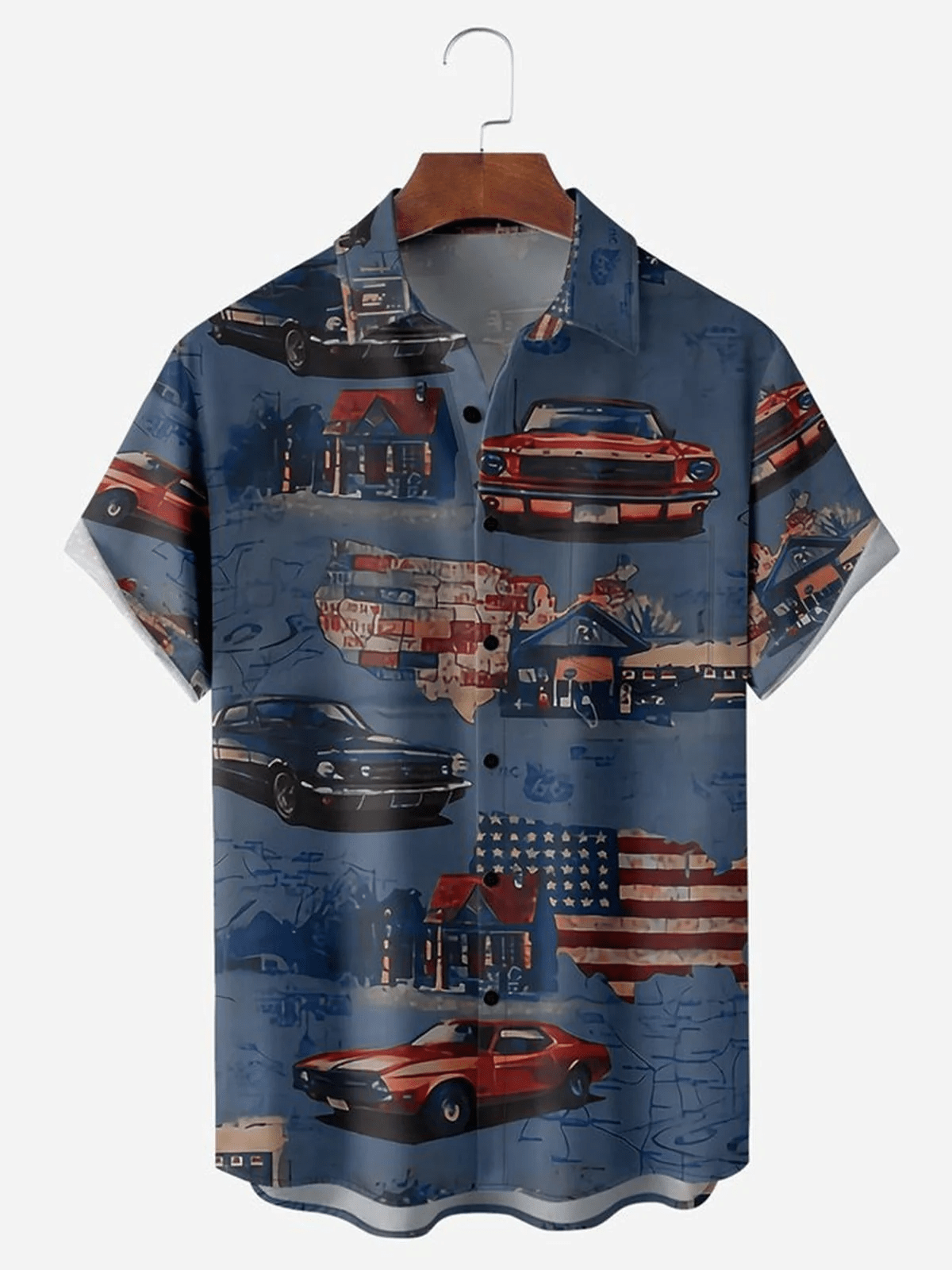 American Flag Car Chest Pocket Men’s Trendy Hawaiian Shirts