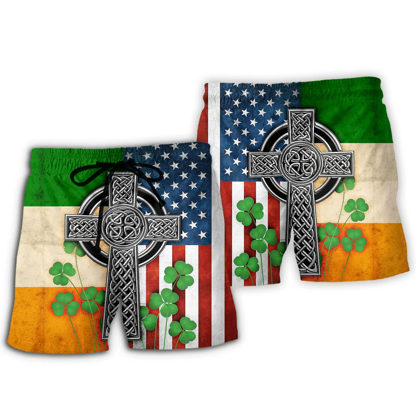 American Flag Celtic Cross Irish Saint Patricks Day Hawaiian Shirt Beach Short