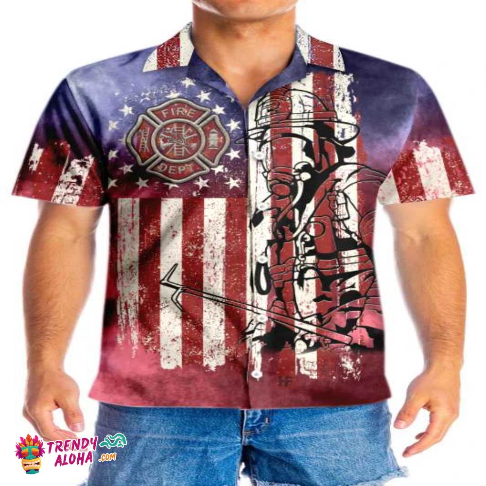 American Flag Fire Dept Firefighter Hawaiian Shirt, Fire Department Logo Firefighter Shirt For Men