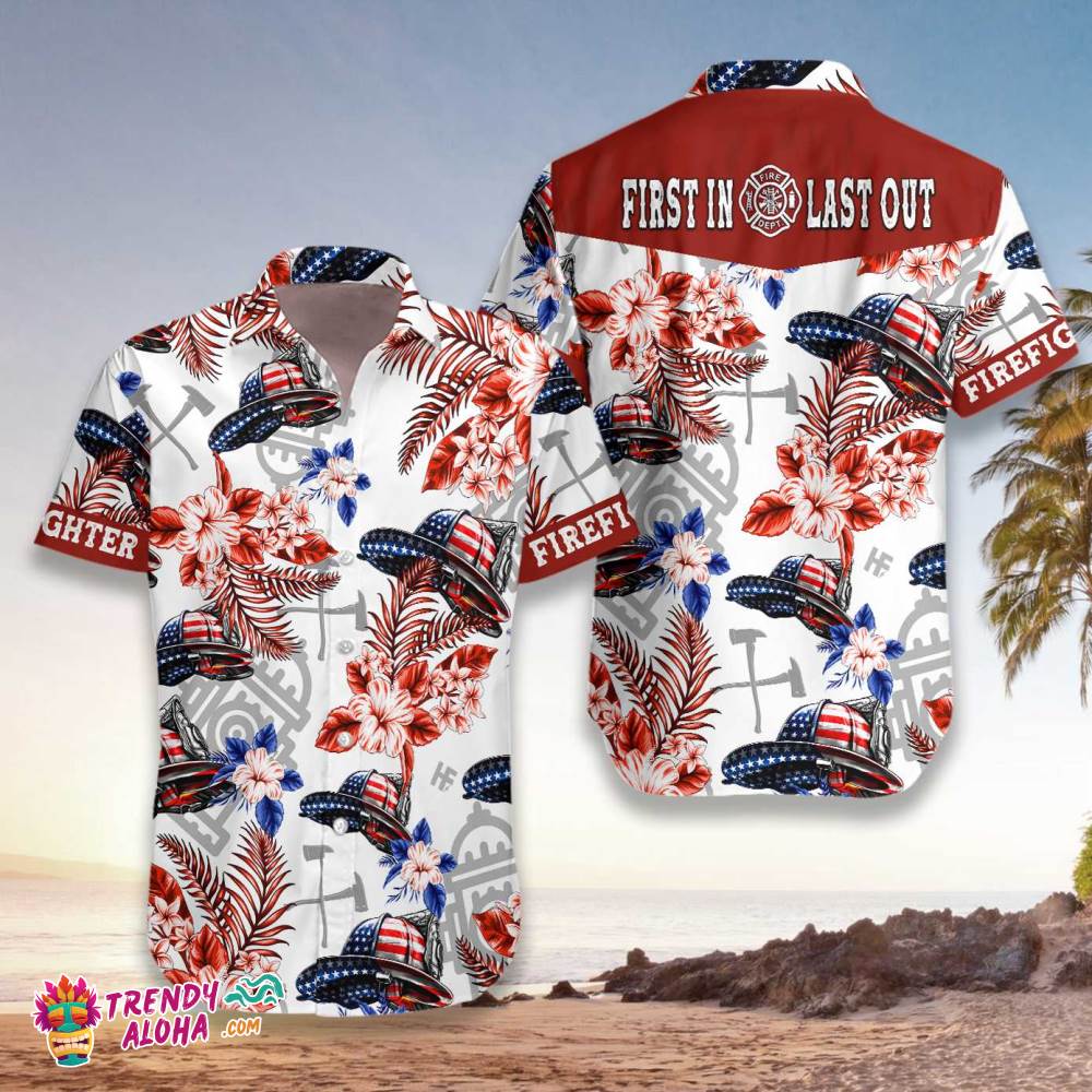 American Flag Firefighter Helmet Seamless Firefighter Hawaiian Shirt, Texas Bluebonnet Firefighter Shirt For Men