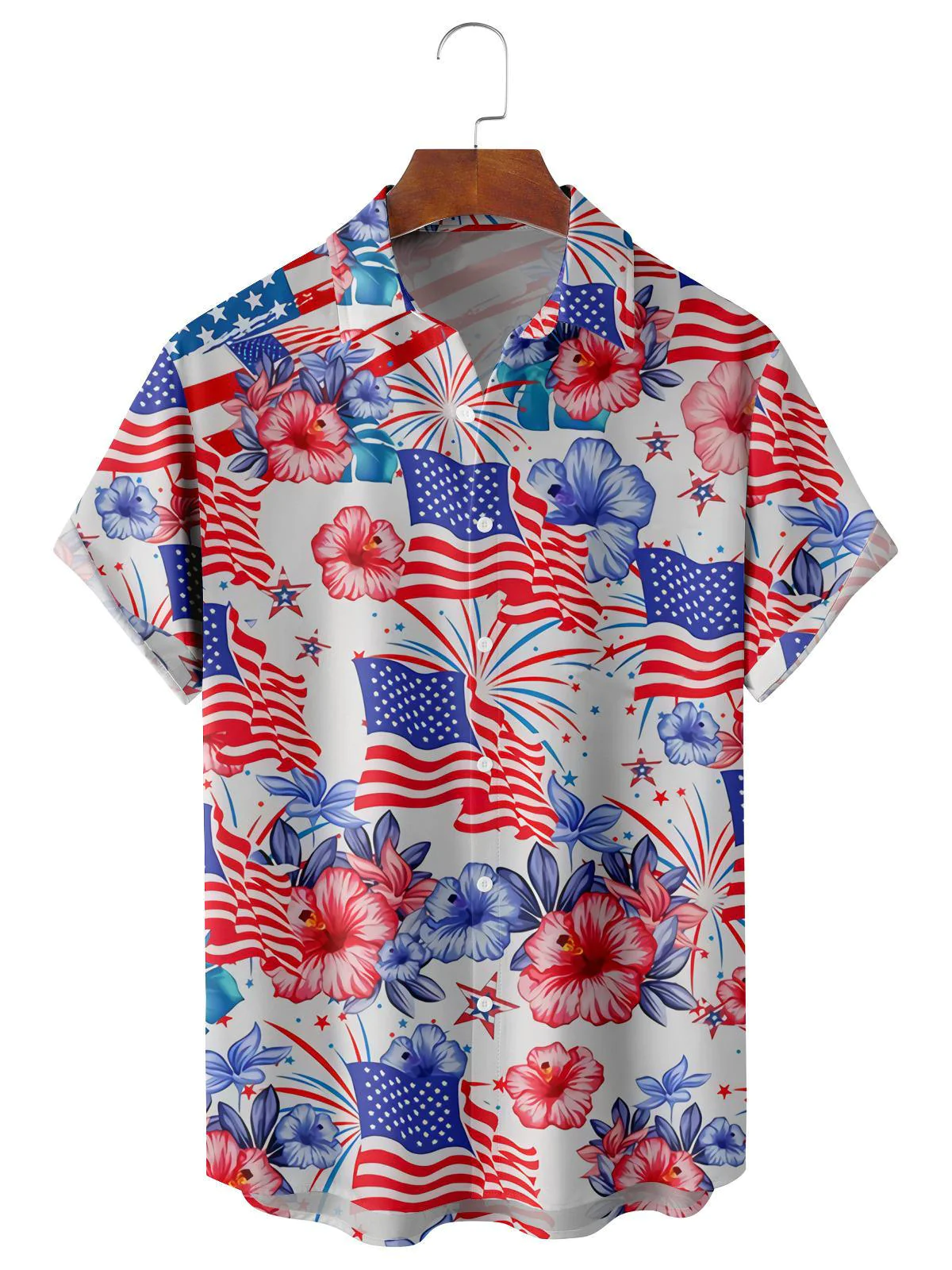 American Flag Flower Casual Men’s Trendy Hawaiian Shirt, 4Th Of July Trendy Hawaiian Shirt