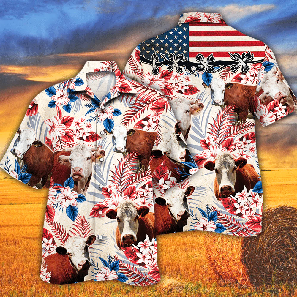 American Flag Hereford Cattle Hawaiian Shirt for Cow Enthusiasts