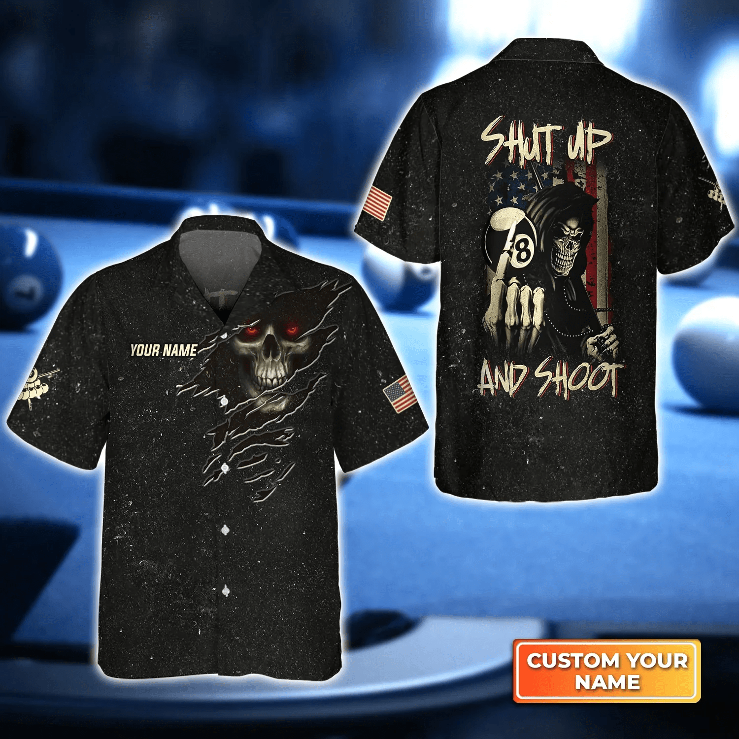 American Flag Pool 8 Ball Shut Up And Shoot Billiard 3D Trendy Hawaiian Shirt, Billiard Team Shirt, Billiard Shirt For Men And Women