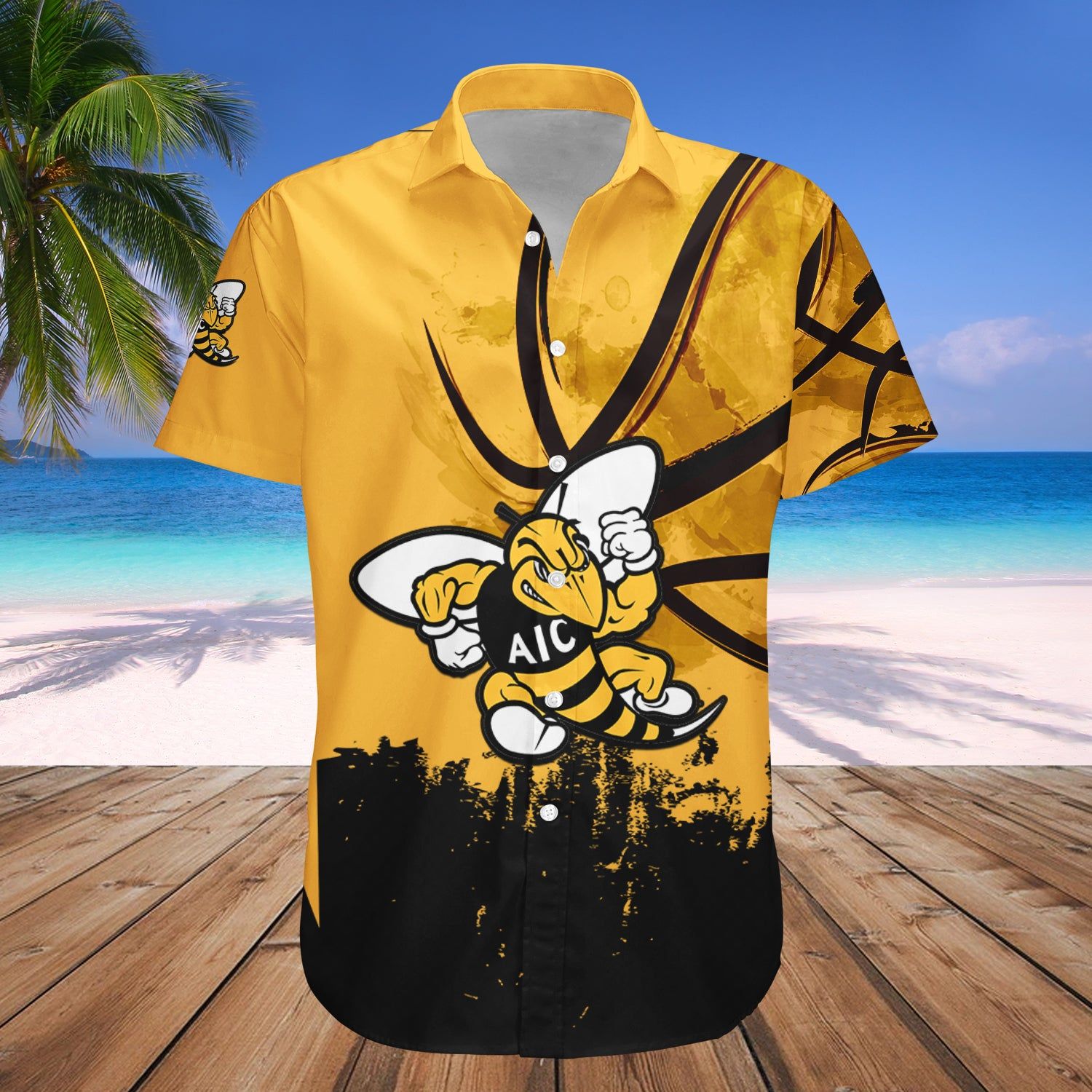 American International Yellow Jackets Hawaii Shirt Basketball Net Grunge Pattern – NCAA