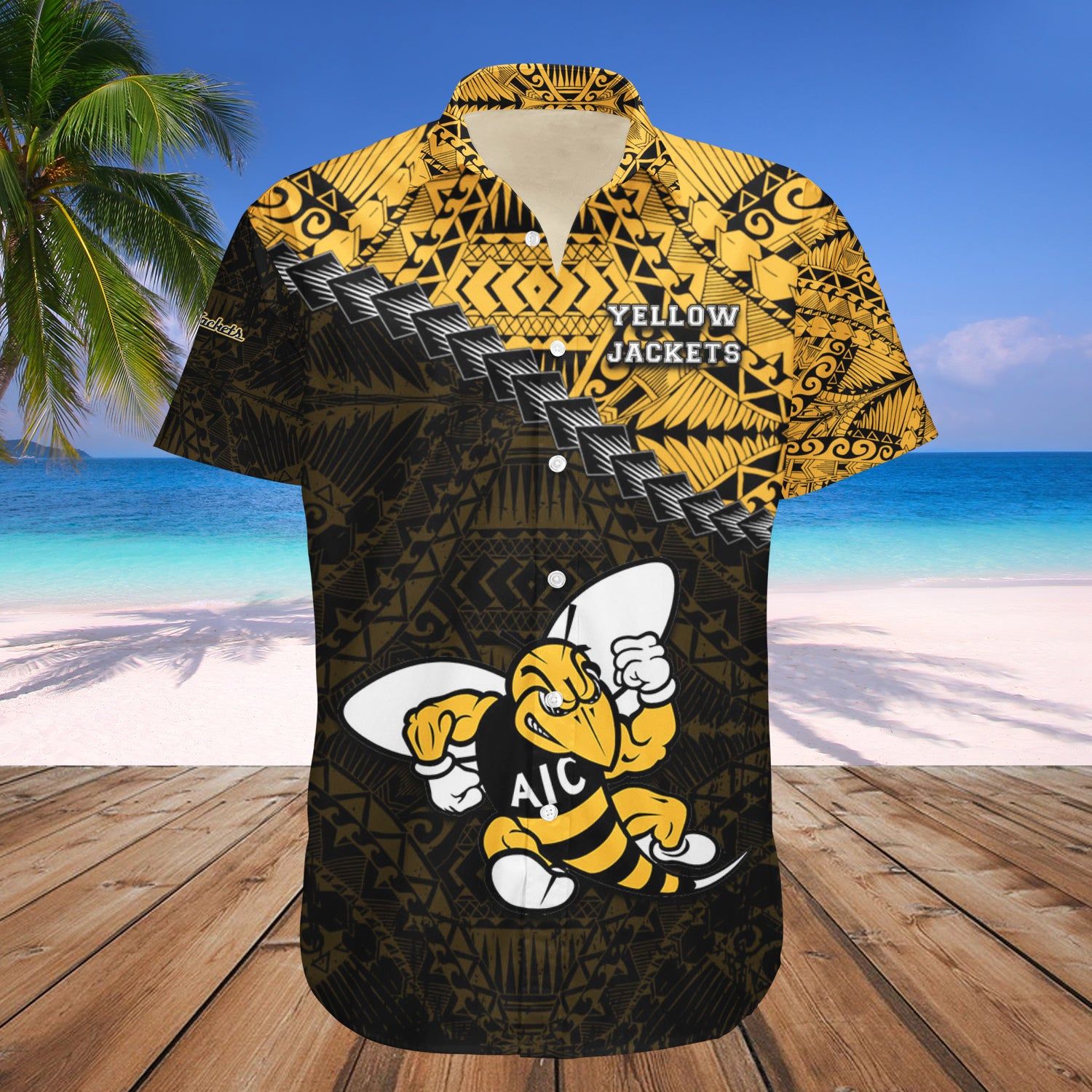 American International Yellow Jackets Hawaii Shirt Grunge Polynesian Tattoo – NCAA