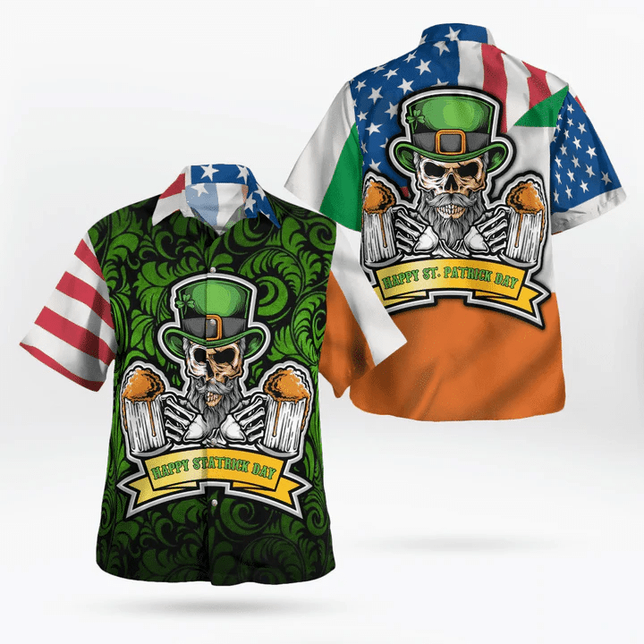 American Irish Flag With Celtic Cross Drinking Skeleton Hawaiian Shirt