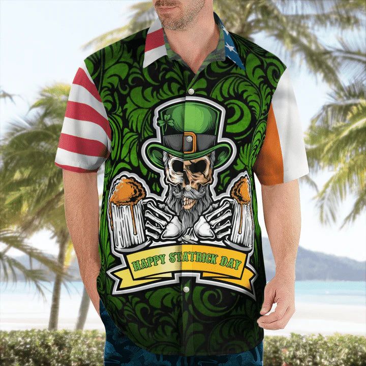 American Irish Flag With Celtic Cross Drinking Skeleton Hawaiian Shirt