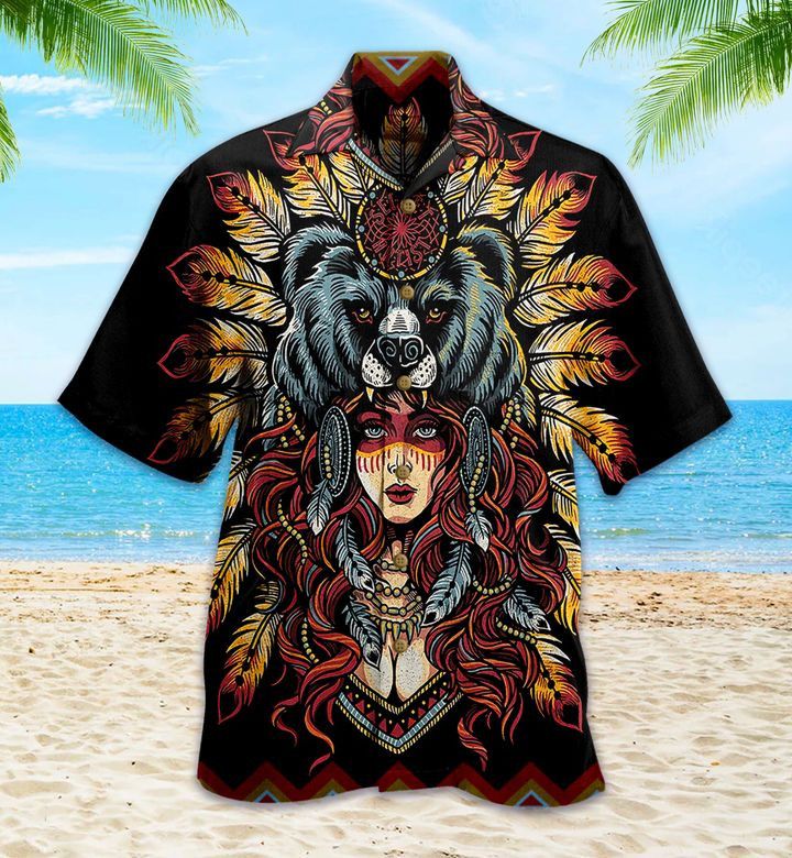 American Native Bear Black Yellow Trendy Hawaiian Shirt 3D Summer Gifts