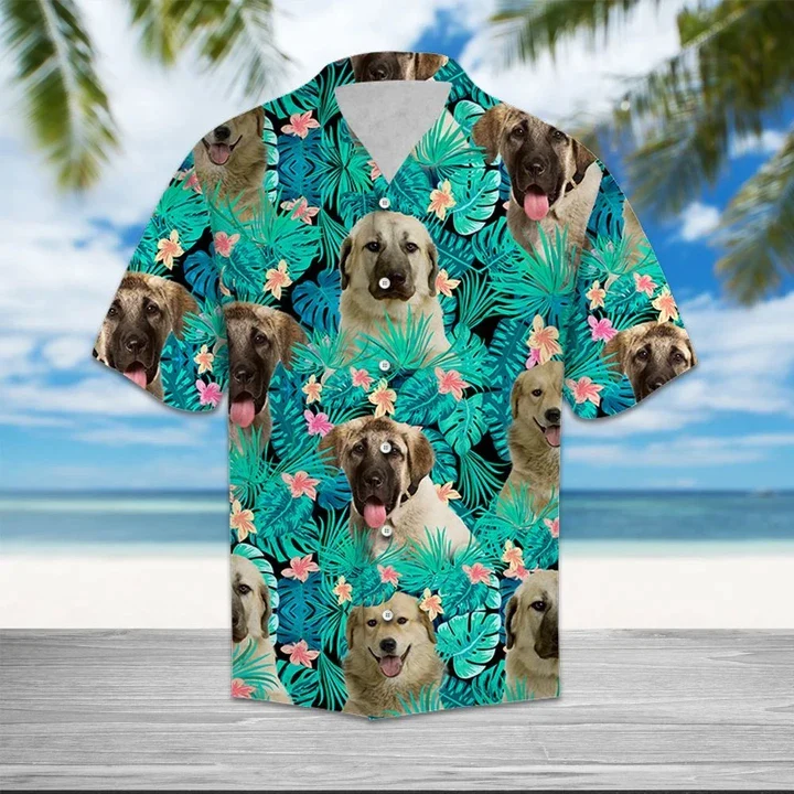 Anatolian Shepherd Dog Among Tropical Flowers And Leaves Design Trendy Hawaiian Shirt Anatolian Shepherd Dog Among Tropical Flowers And Leaves Design Trendy Hawaiian Shirt