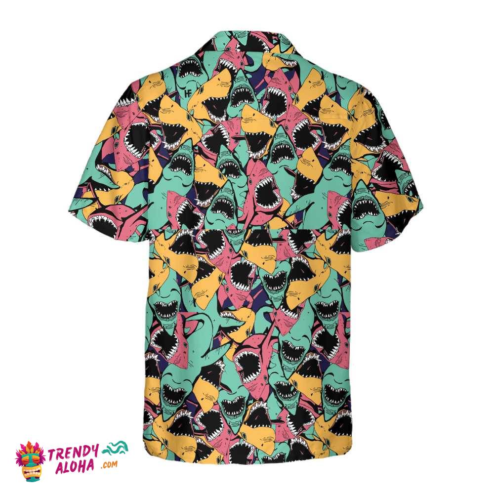 Angry Shark Seamless Pattern Hawaiian Shirt, Shark Shirt Button Up For Adults, Shark Print Shirt