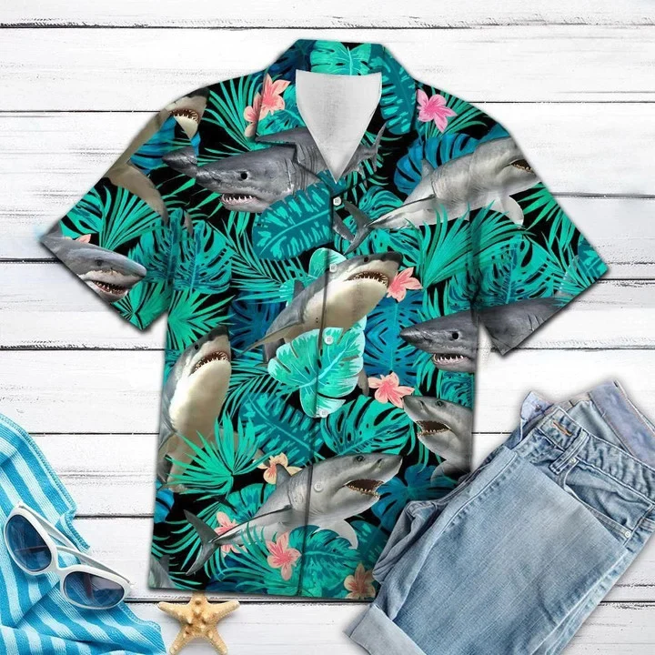 Angry Shark Tropical Jungle Design Trendy Hawaiian Shirt