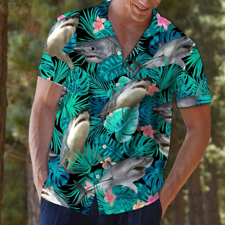 Angry Shark Tropical Jungle Design Trendy Hawaiian Shirt