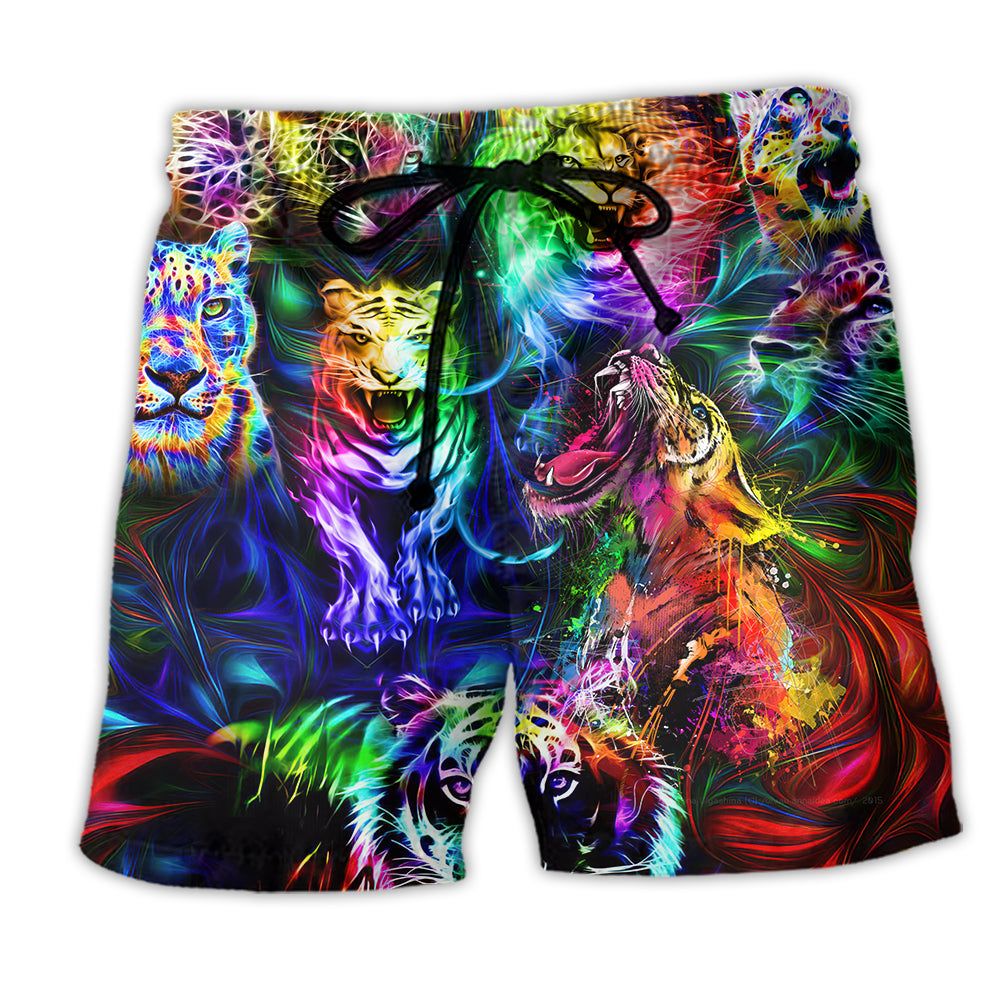 Animal King Of The Jungle Lion Tiger Leopard Stunning Color Trendy Aloha Hawaiian Beach Shorts