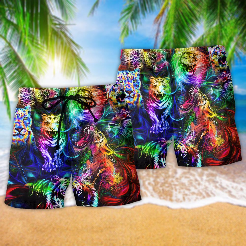 Animal King Of The Jungle Lion Tiger Leopard Stunning Color Trendy Aloha Hawaiian Beach Shorts