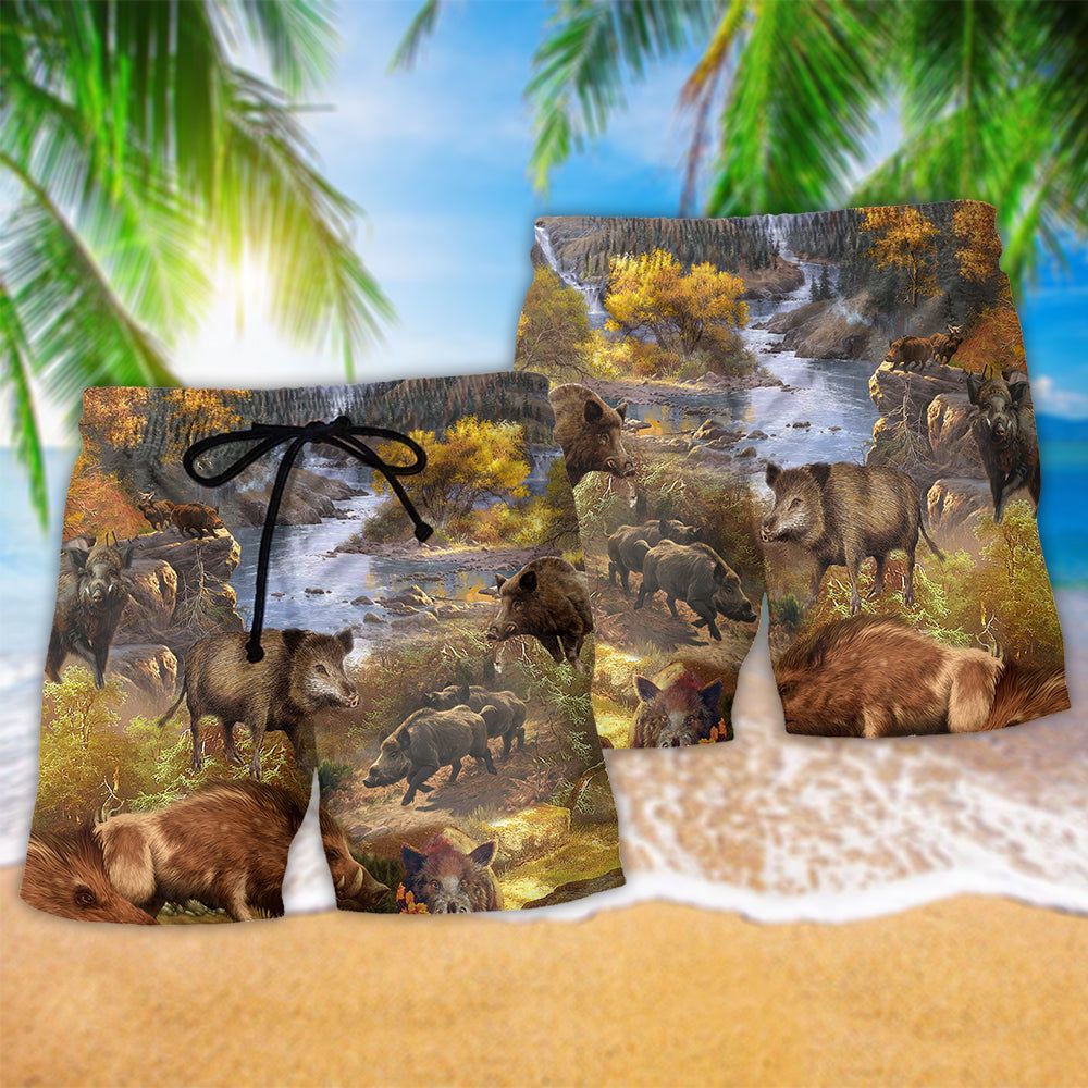 Animal Wild Boar Hog Hunters Do It All Night Long Trendy Aloha Hawaiian Beach Shorts