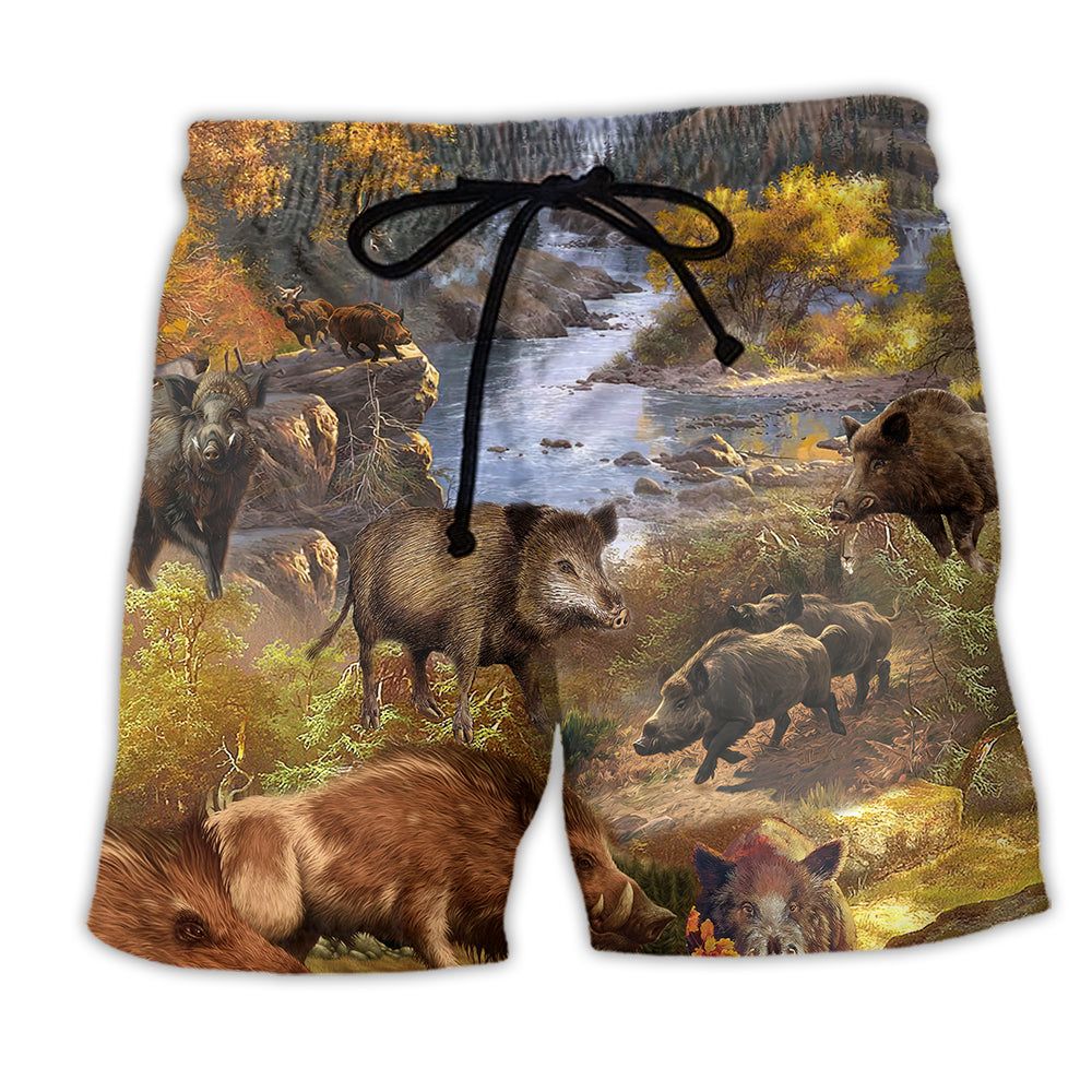 Animal Wild Boar Hog Hunters Do It All Night Long Trendy Aloha Hawaiian Beach Shorts