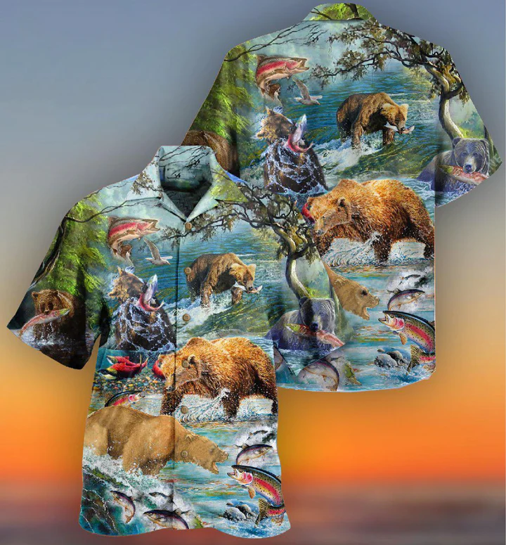 Animals Amazing Salmon Hunting With Bear Hawaiian Shirt 3D Summer Gifts