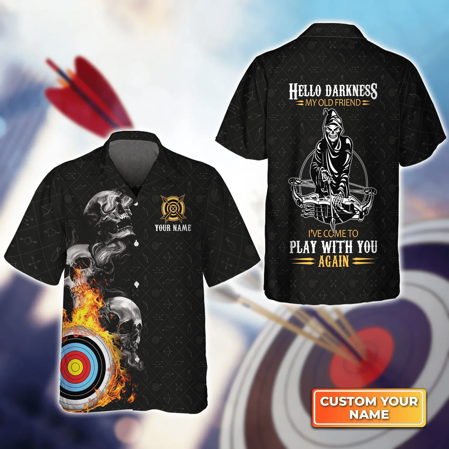 Archery Hello Darkness My Old Friend Personalized Name 3D Trendy Hawaiian Shirt, Gift For Archer Sport Lovers, Gift For Archer
