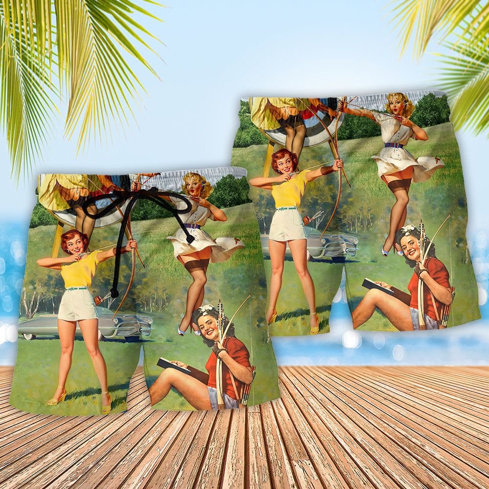 Archery Tournaments Pinup Girls Trendy Aloha Hawaiian Beach Shorts