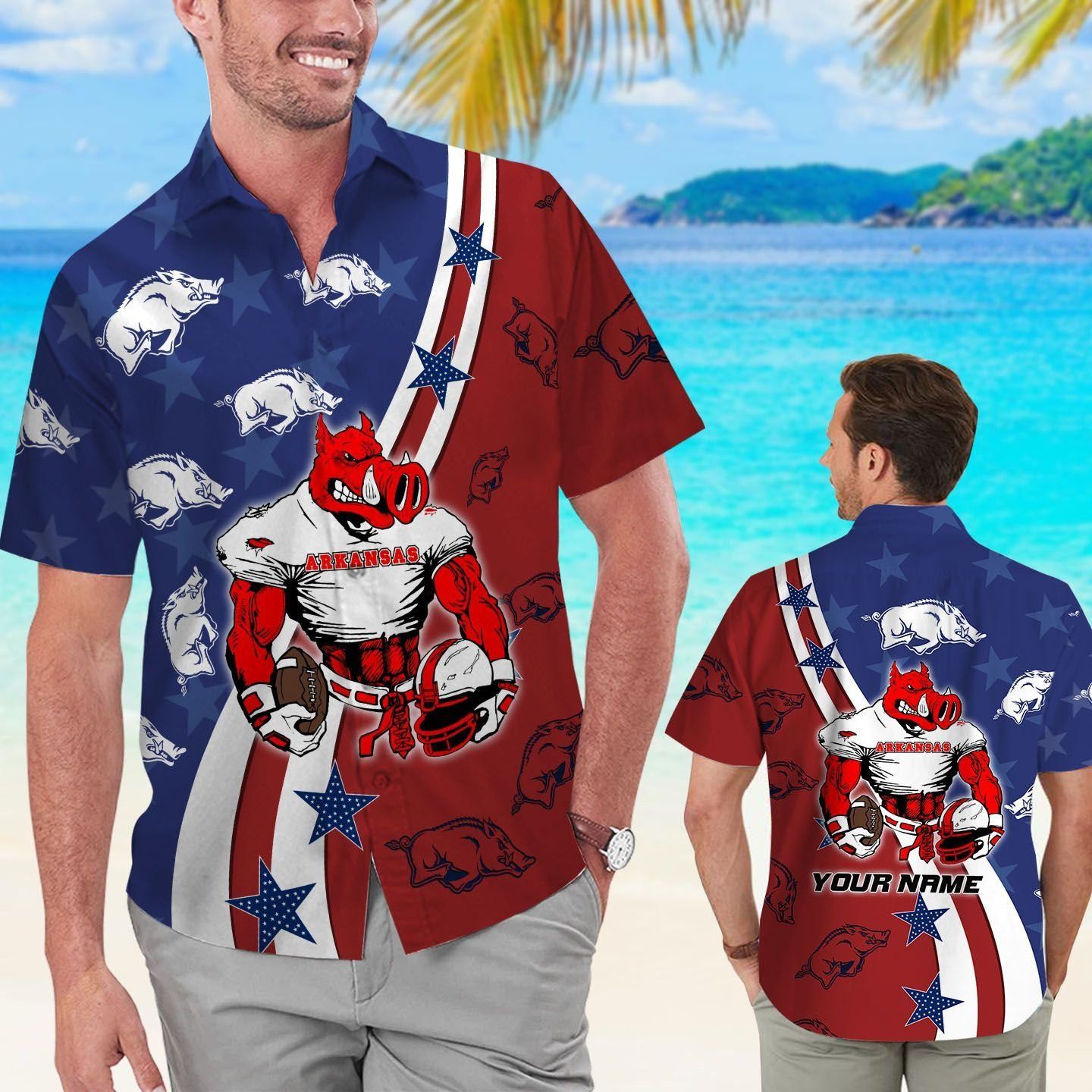 Arkansas Razorbacks American Flag Name Personalized Tropical Hawaiian Shirts