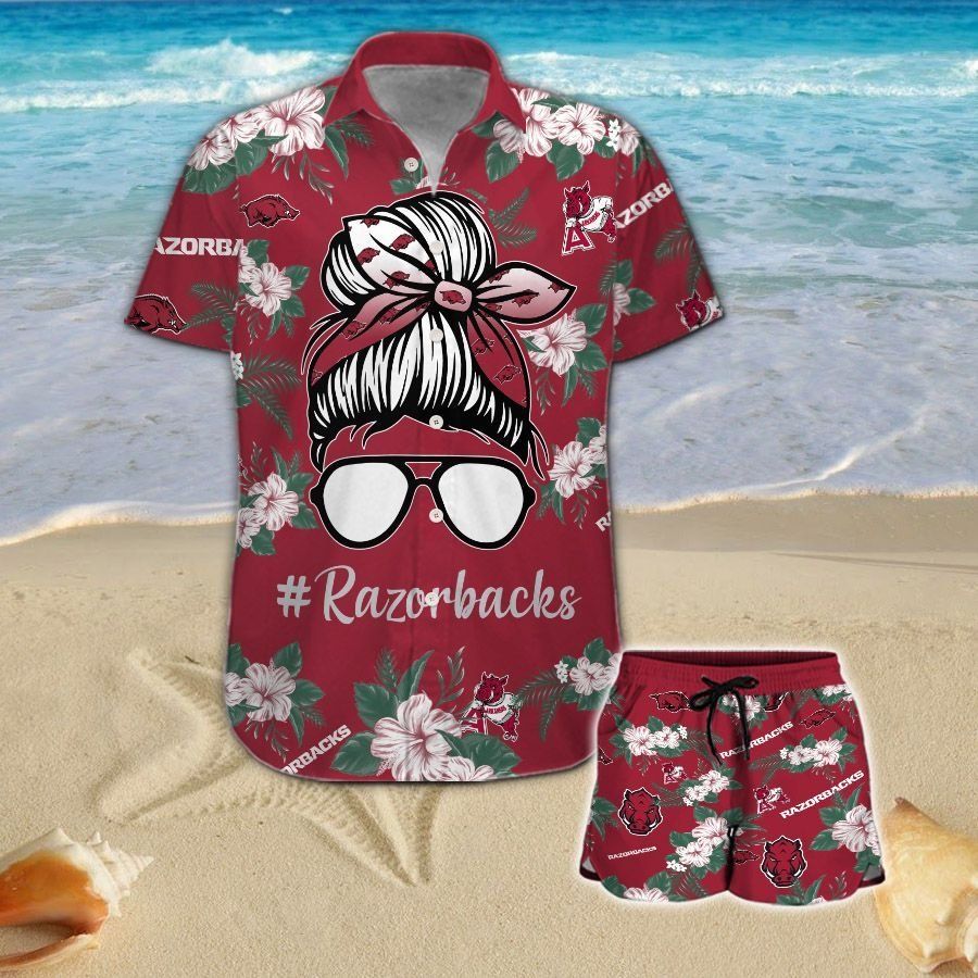 Arkansas Razorbacks Girl Messy Bun Short Sleeve Button Up Tropical Hawaiian Shirt