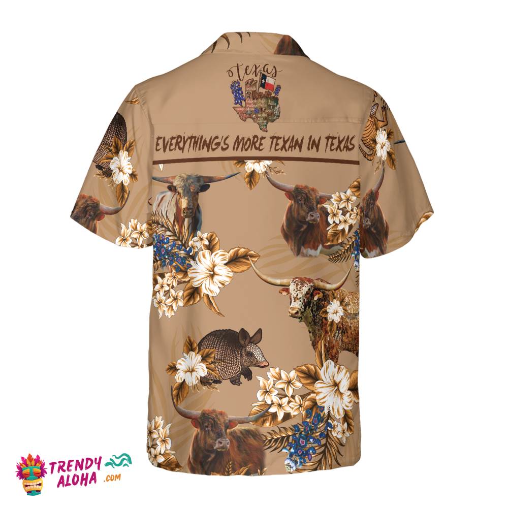 Armadillo And Longhorn Texas Hawaiian Shirt For Men, Everything’s More Texan In Texas, Proud Texas State Flag Shirt