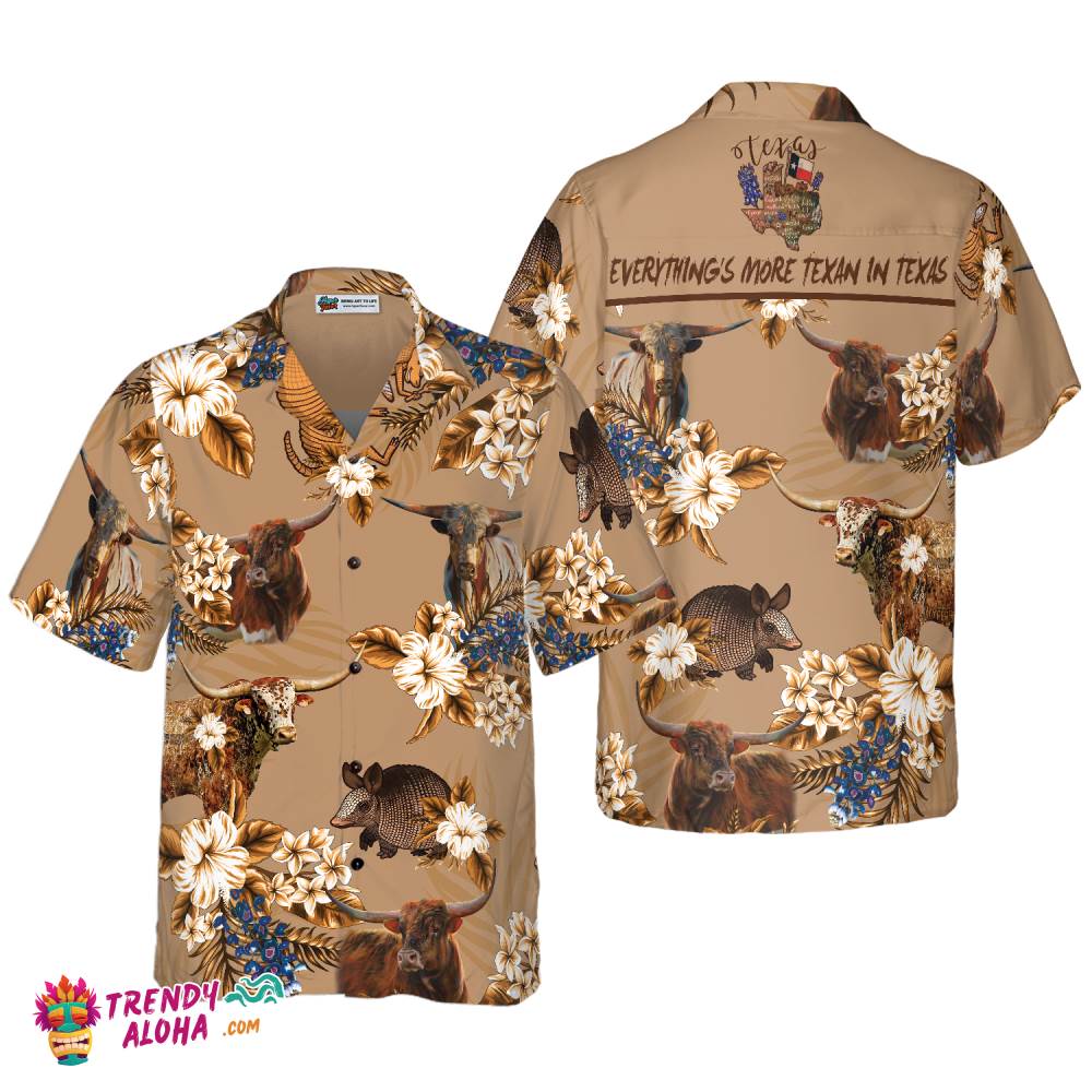 Armadillo And Longhorn Texas Hawaiian Shirt For Men, Everything’s More Texan In Texas, Proud Texas State Flag Shirt Armadillo And Longhorn Texas Hawaiian Shirt For Men, Everything’s More Texan In Texas, Proud Texas State Flag Shirt