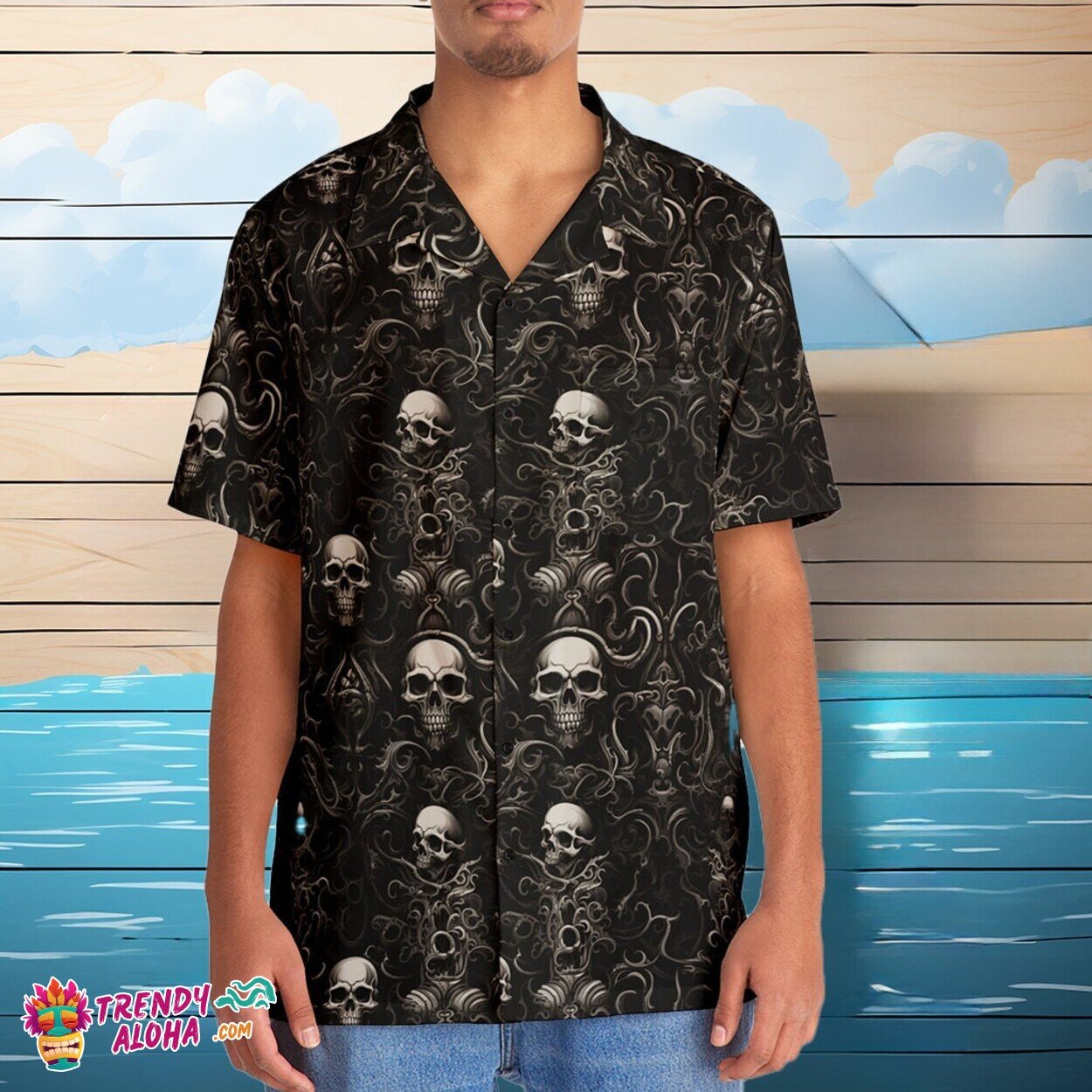 Artistic Black White Tattoo Skull Edgy Design Hawaiian Shirt