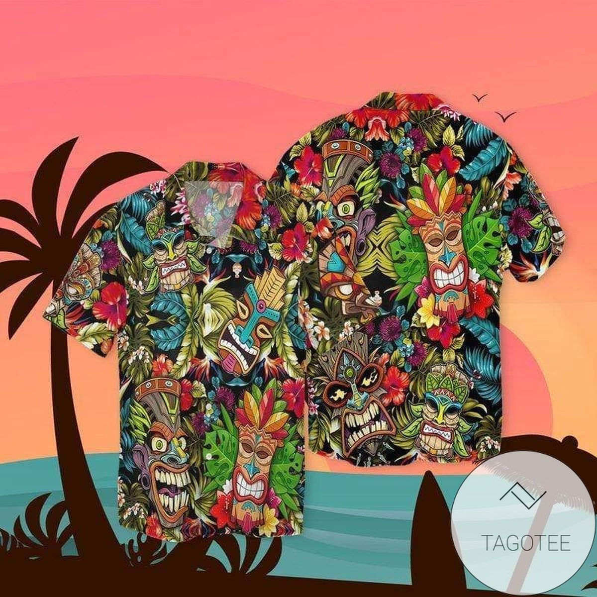 Artistic Color Burst In A Tiki Tiki Themed Hawaiian Shirt Design