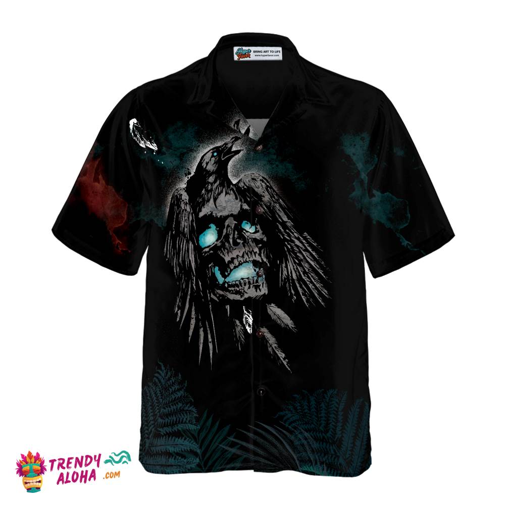 Artistic Gothic Crow Skull Goth Hawaiian Shirt, Black Hawaiian Shirt For Men