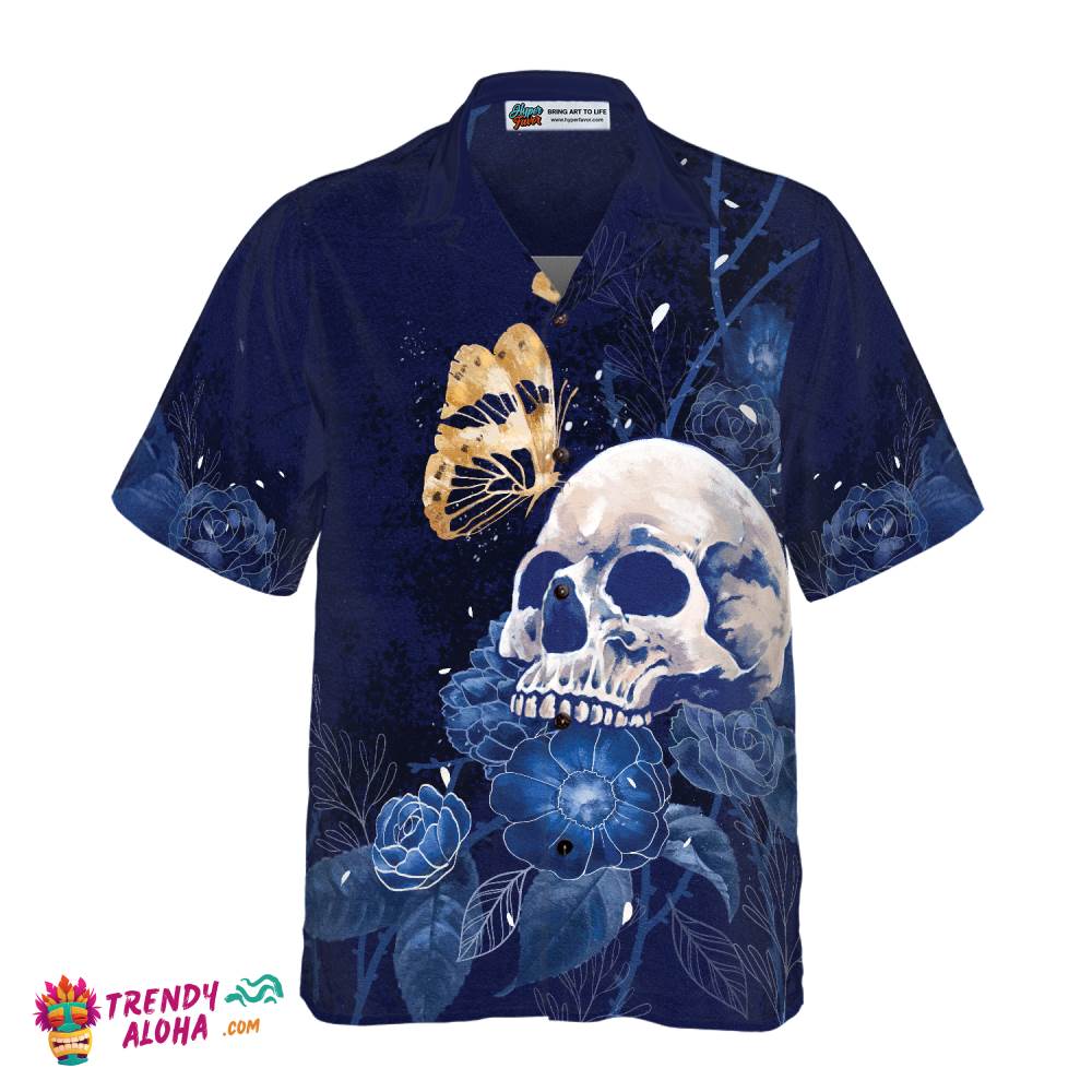 Artistic Gothic Skull With Butterfly Hawaiian Shirt For Men, Blue Peony Flowers Goth Hawaiian Shirt