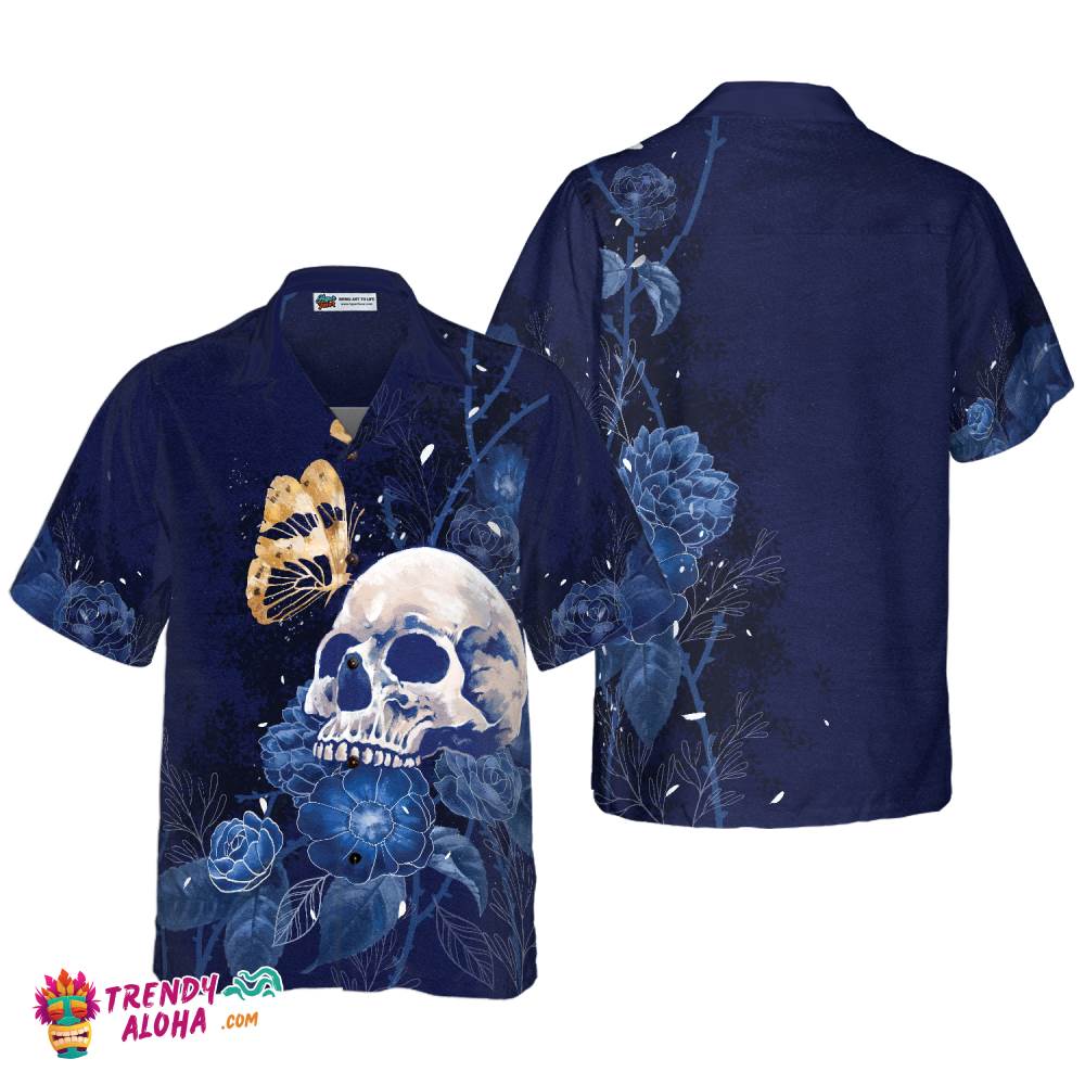 Artistic Gothic Skull With Butterfly Hawaiian Shirt For Men, Blue Peony Flowers Goth Hawaiian Shirt