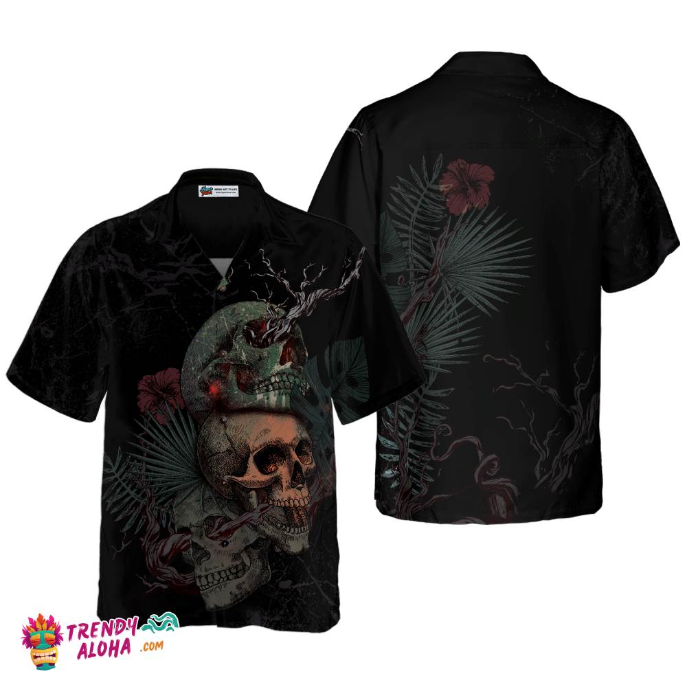 Artistic Gothic Skull With Flowers Goth Hawaiian Shirt, Black Hawaiian Shirt For Men