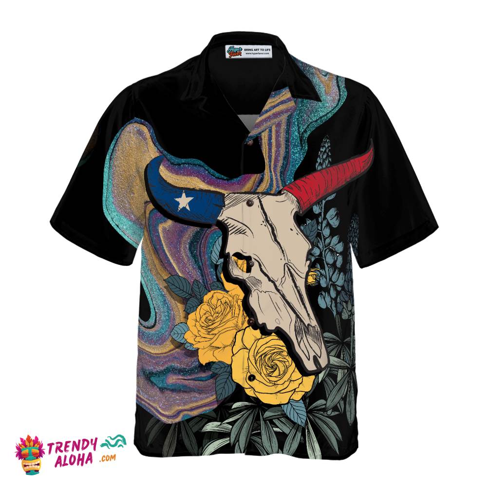 Artistic Longhorn Skull Texas Hawaiian Shirt For Men, Black Royal Gold Rose Shirt, Bluebonnet Proud Texas Shirt For Texans