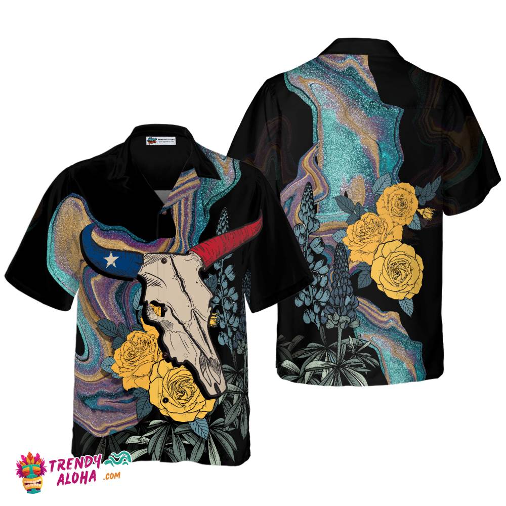 Artistic Longhorn Skull Texas Hawaiian Shirt For Men, Black Royal Gold Rose Shirt, Bluebonnet Proud Texas Shirt For Texans