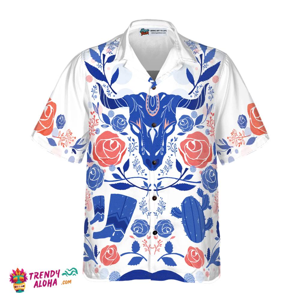 Artistic Longhorn Skull Texas Hawaiian Shirt For Men, White Blue Shirt Shirt For Texans, Texas Lovers